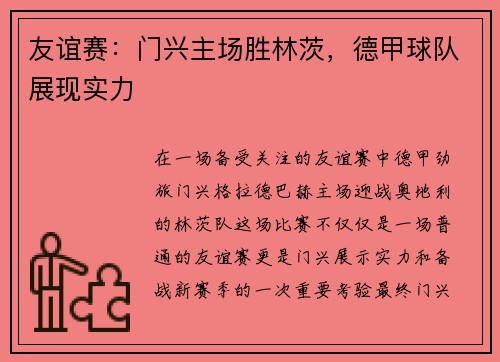 友谊赛：门兴主场胜林茨，德甲球队展现实力